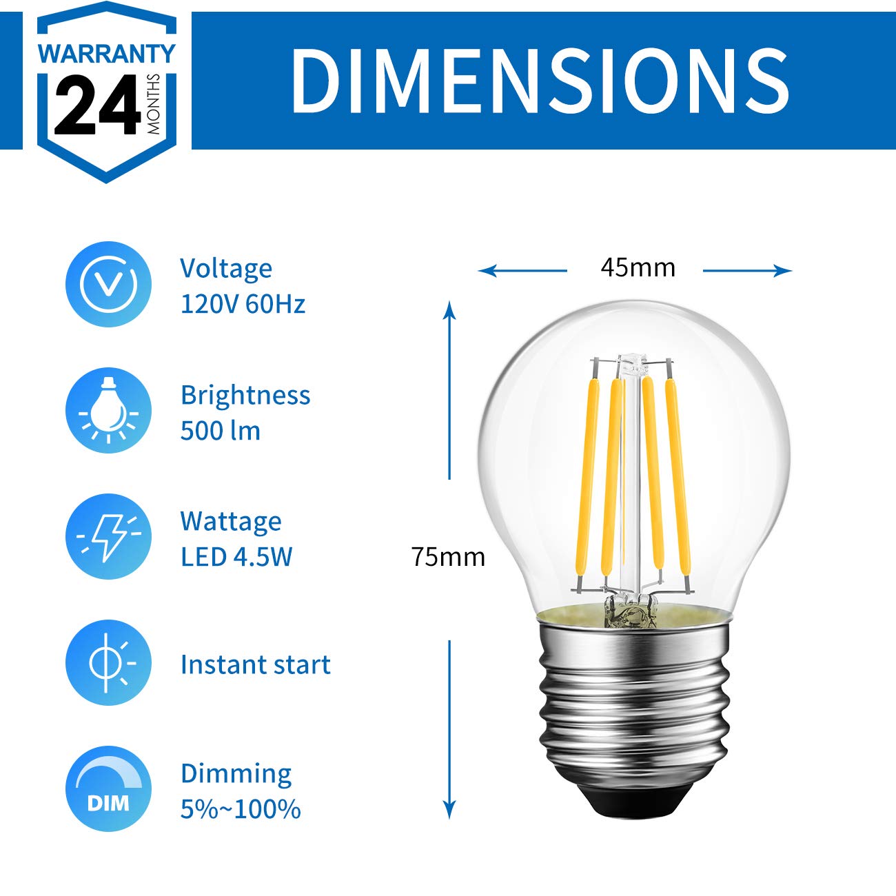 ANWIO G14 LED Filament Globe Bulb Dimmable 2700K Warm White E26, 4.5W (60W Equivalent), 6 Count