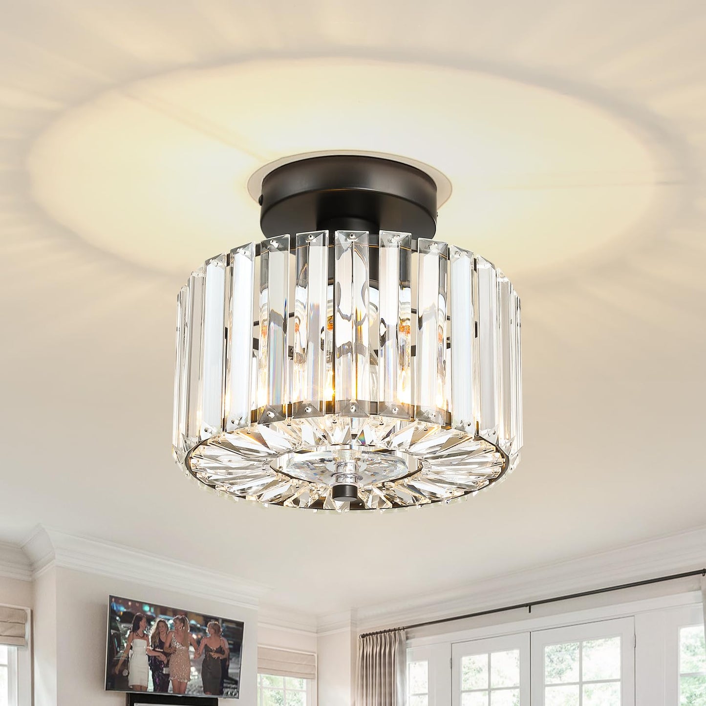Pasentel Crystal Ceiling Light  Modern Mini Flush Mount Crystal Chandelier  8.89 Inch Black Light Fixture  Round Hallway Lighting Fixtures For Kitchen Entryway Laundry Room  1-Light  Sf004-1-Bk