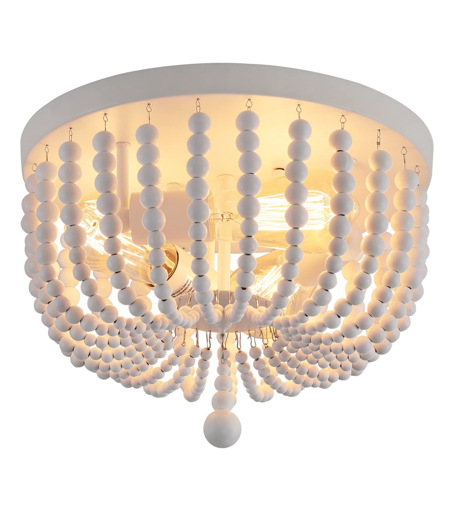 Q&S White Boho Beaded Chandelier Light Fixture, 3-Lights, Metal And Wood Bead, Flush Mount For Bedroom, Kitchen, Dining Room