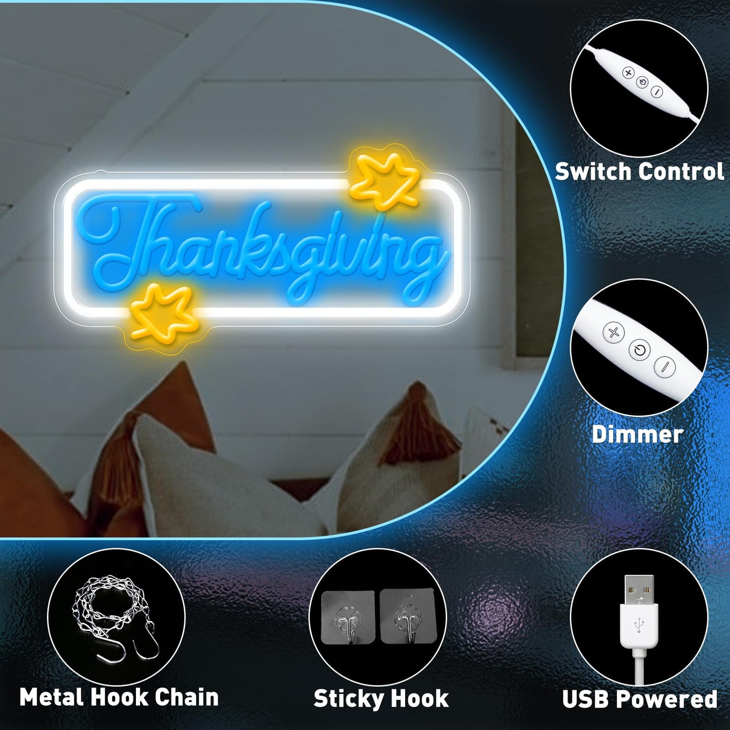 Thanksgiving Neon Sign  Thanksgiving Happy Wall Window Art Decoration Festival Celebration  Dimmable Usb Powerd Thanksgiving Neon Led Sign Autumn Thanksgiving Party Harvest Blessd 15.7?7.9 Inch