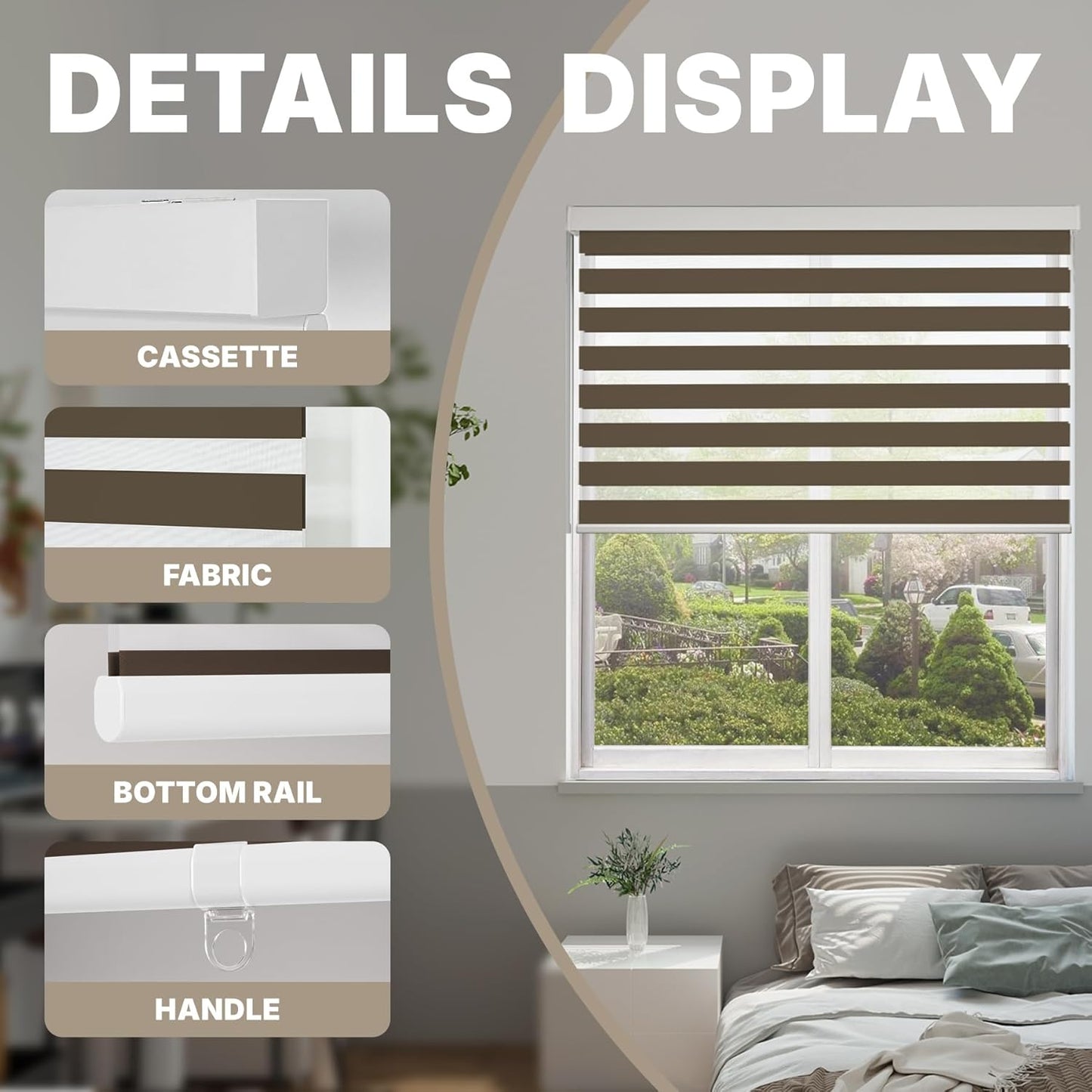 HESTIA Cordless Zebra Blinds Light Filtering Roller Shades UV Blocking Blackout Privacy Indoor Window Shades for Home Office Day and Night, Brown,42" W x 48" H