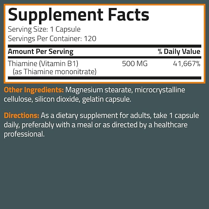 Bronson Vitamin B1 Extra Strength 500 MG High Potency Non-GMO, 120 Capsules