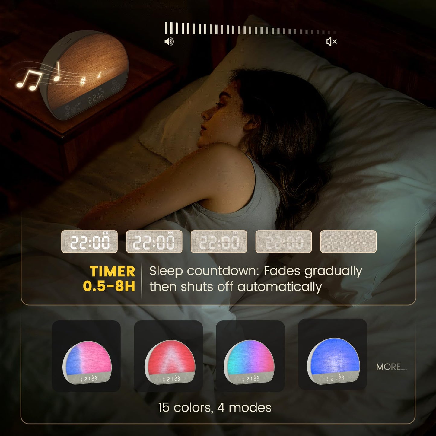 JONRRYIN Sunrise Alarm Clock, Sound Machine Alarm Clock for Bedroom| Wake Up Light for Heavy Sleepers Gift- Bluetooth, Tap to Snooze, USB Charging, 37 Sounds, 15 Colors, Timer, Dual Alarms, Dimmable