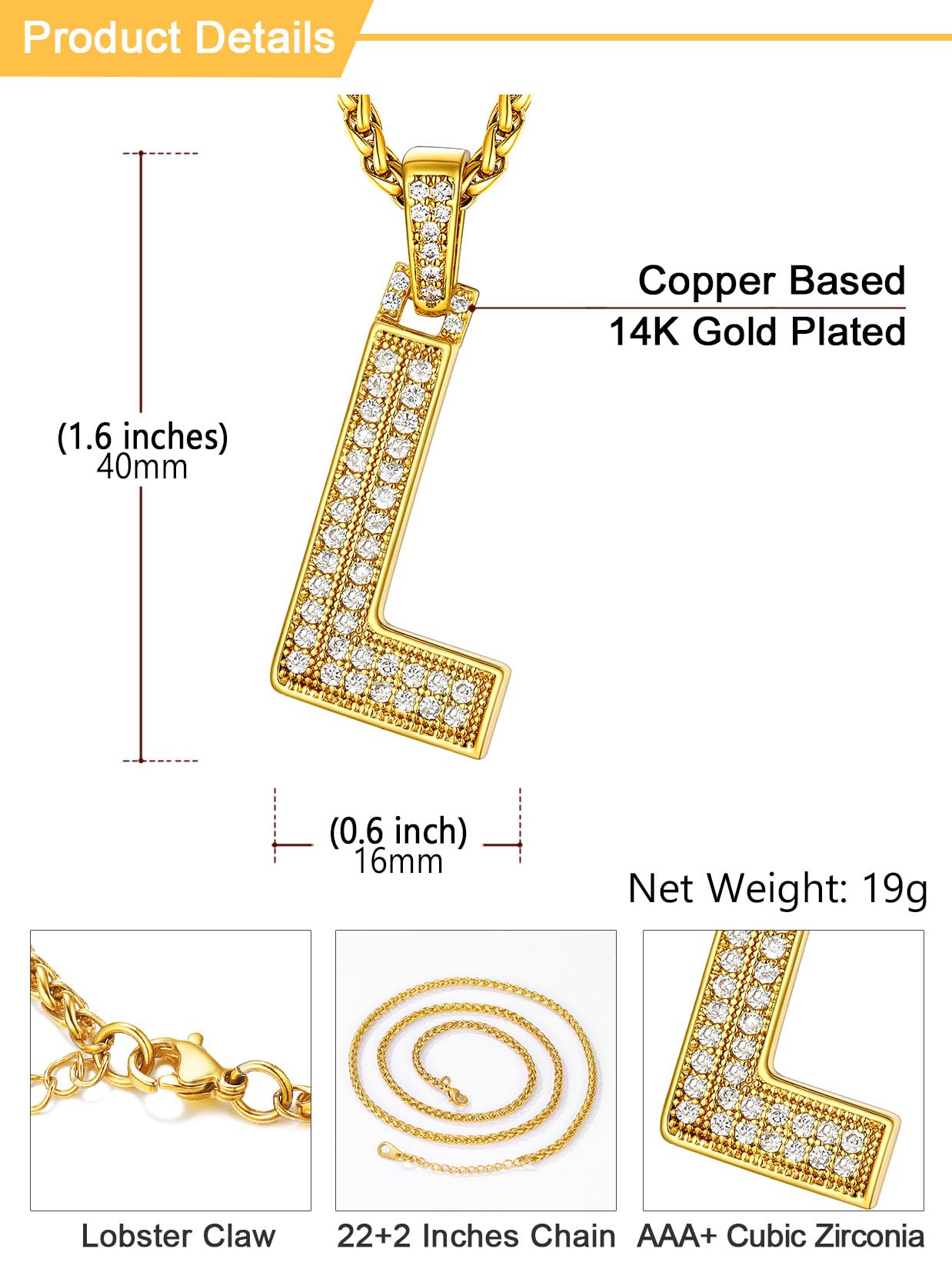 U7 Men Womens Bling Initial Necklace 18K Gold Plated Chain Full CZ Bling Hip Hop Costume Jewelry Capital Letter L Pendant