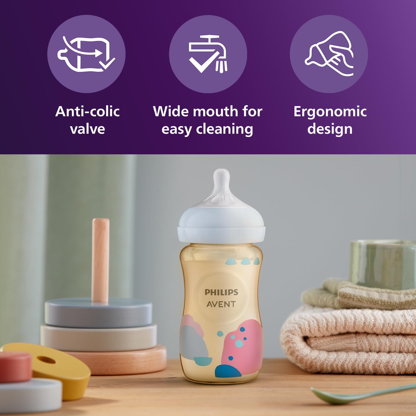 Philips Avent PPSU Natural Baby Bottles with Medium Flow Nipples (Flow 3), 9oz, with Decoration, 2-Pack, SCY943/02