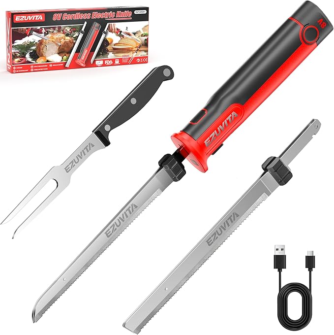 8V Cordless Electric Knife Set, Rechargeable Electric Carving Knife with Reciprocating Stainless Steel Blades for Meat & Bread, Fork Included, Equipped with interchangeable 2000mAh Large Capacity Battery, Ergonomic Handle and Safety Lock for Turkey, Me...