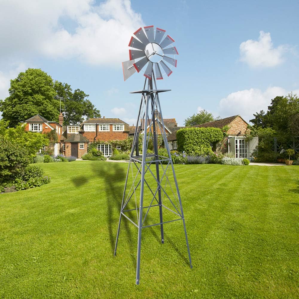 Garden Windmill for Yard Decor, 8 ft Tall Metal Windmill with Spinning Blades, Weather-Resistant Outdoor Windmill for Lawn, Farmhouse, Rustic & Farm Decor, Grey
