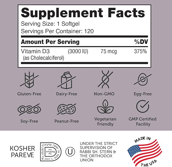 Zahler - Advanced Vitamin D3 3000 IU Softgels (120 Count) Kosher Vegetarian Friendly Vitamin D for Immune Support, Bone, Teeth & Muscle Health - Daily D3 Vitamin Supplement for Adults - Easy Swallow.