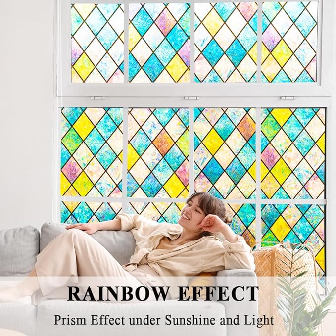 Colorful Stained Glass Window Film 3D Prism Sliding Door Privacy Covering Static Cling Church Tint Decorative Suncatcher Cover Decal No Glue Heat Cotrol Anti Glare Removable Home Office,17.5x157in.