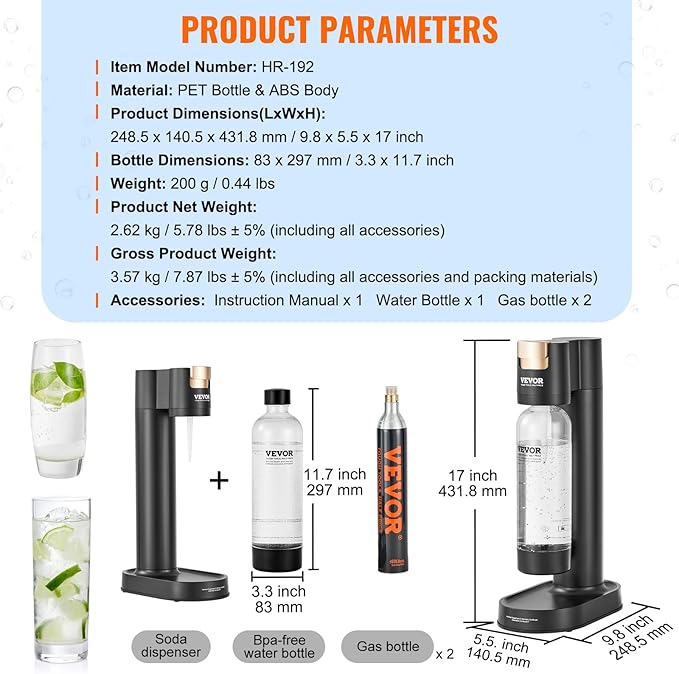 VEVOR Sparkling Water Maker, Soda Maker Machine for Home, Soda Maker with BPA-free 1L PET Bottle, 2 CO2 Cylinders(Not Contain CO2 GAS), Compatible with Mainstream Screw-in 60L CO2 Cylinder