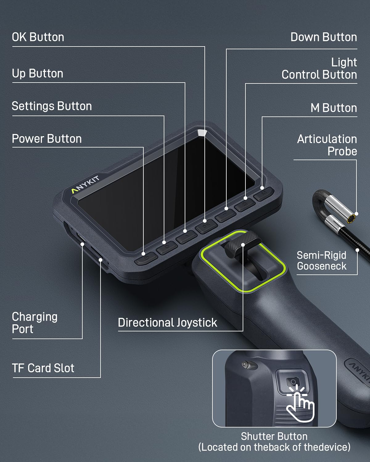 Anykit Articulating Borescope, 210° Two-Way 0.22in Slim Probe Endoscope with High-Brightness LED Lights, 4.3" IPS HD Video Inspection Snake Camera for Automotive Engine Inspect - 4FT