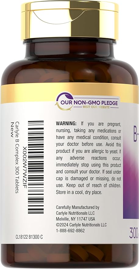 Carlyle B-Complex Vitamin with B12 | 300 Tablets | High Potency Formula | Vegetarian and Non-GMO Supplement