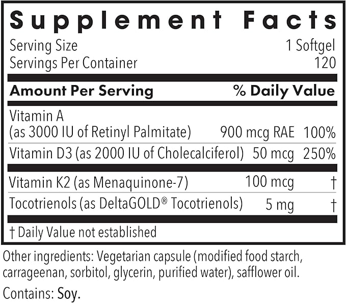 Allergy Research Group Vitamin D3 Complete - Vitamin D3 and K2 Supplement, Daily Balance, with Vitamin A, DeltaGold Tocotrienols, High Potency, Veggie Softgels - 120 Count
