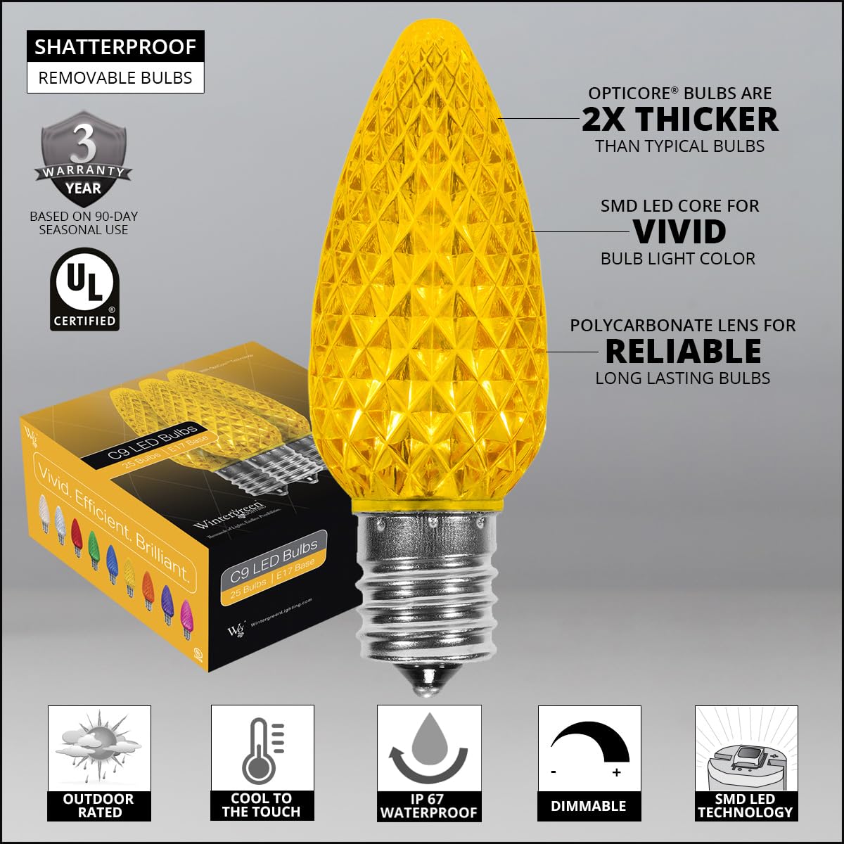 Wintergreen Lighting Box Of 25 Opticore C9 Led Gold Christmas Light Bulbs - Replacement Led Christmas Lights Heavy Duty enhanced Outdoor Christmas Lights  E17 Base (Gold Faceted)