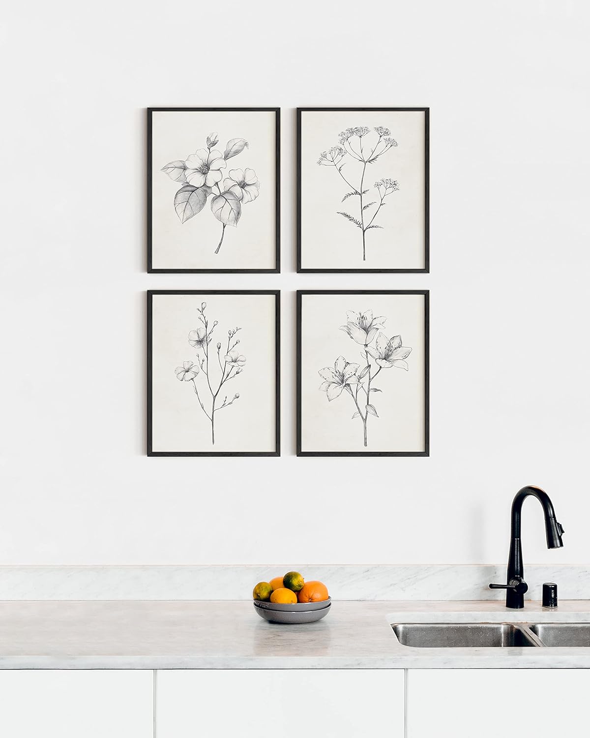 HAUS AND HUES Grey Floral Wall Art - Set of 4 Plant Posters for Wall Vintage, Botanical Prints, Black and White Flower Pictures for Room Aesthetic, Farmhouse Bathroom, Rustic Art (Black Frame, 8x10)