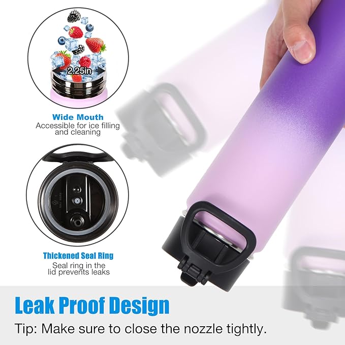 Volhoply 24oz Insulated Water Bottle With Straw Bulk 3 Pack,Metal Wide Mouth Water Bottles With Handle Keep Cold,Reusable Double Wall Thermos,Powder Coated Sport Bottle For Holder(Purple,3 Count)