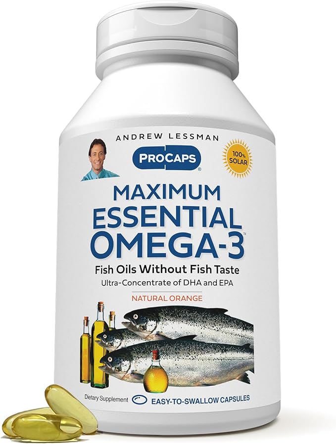 ANDREW LESSMAN Maximum Essential Omega-3 Orange - 30 Softgels - Ultra-Pure, High Potency Omega-3 Oils. High DHA, No Stomach Upset, No Contaminants, No Mercury. Small Easy to Swallow Softgels