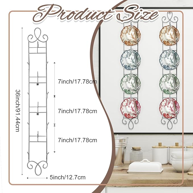 Blulu 4 Pcs 36'' x 5'' Tea Cup and Saucer Display Stand 4 Tiers Vertical Wall Mounted Cups Plate Holder Wall Plate Hangers Decorative Brackets for China Coffee Mug Gifts Thanksgiving Christmas (White)