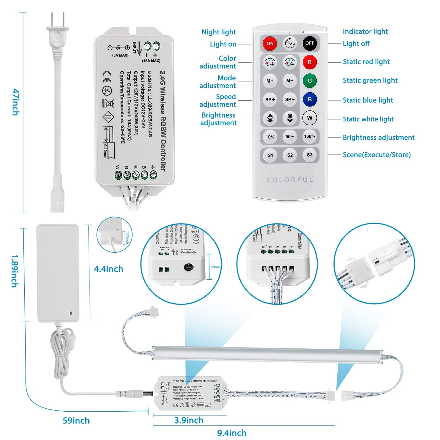 Litever Under Cabinet Led Lighting Kit. Rgb Color & Bright Warm White Light. Slim Linkable Led Light Bars With Power Adapter  Controller  Extension Cords. Max 24W. Dimmable. Plug In. Rgb + 3000K.