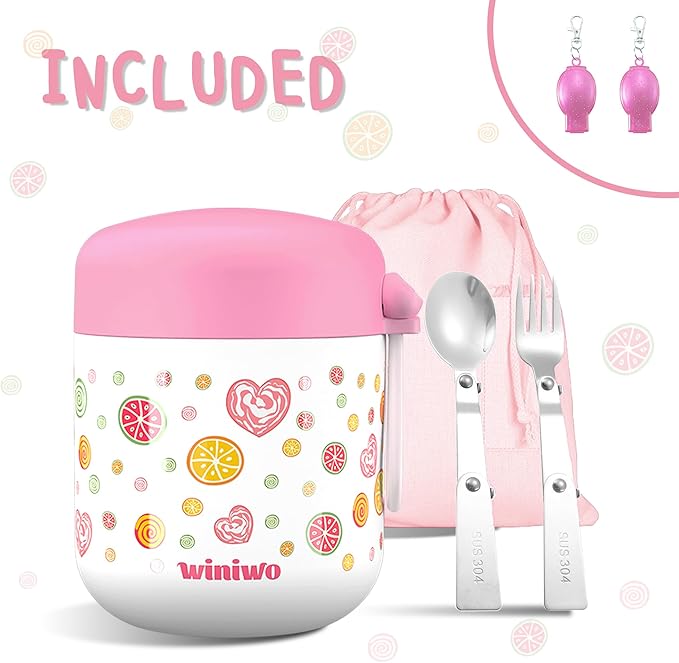 12oz Insulated Food Jar for Kids, Easy Carry, Wide Mouth, Thermos for Hot Food, Soup, Salad, Sandwich, School Lunches (Red-Candy)