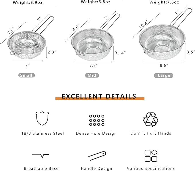 Metal Fine Mesh Strainer and Colander for Kitchen with Handle, Stainless Steel Pasta Strainer/Kitchen Funnel/Collander/Sifter for Strain/Wash Vegetables, Fruits, Spaghetti, Rice (7.8＂)