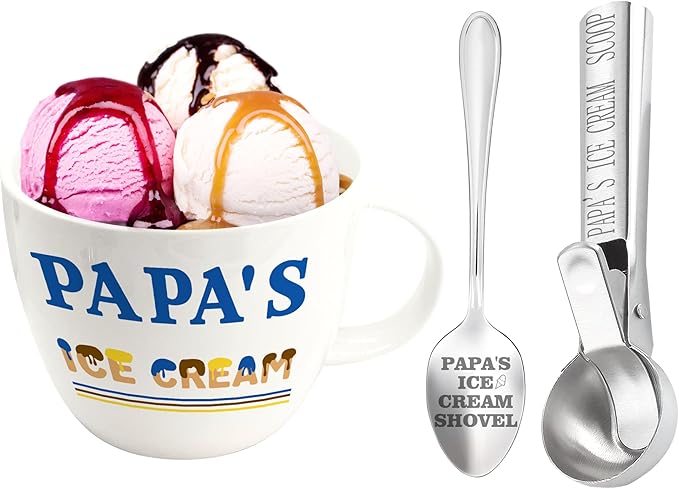 Papa Gifts, Papa Gifts from Grandkids, Papa's Ice Cream Bowl Scoop Shovel Spoon Set, Papa’s Ice Cream Gift, Christmas Birthday Father's Day Valentines Day Gift for Him Man