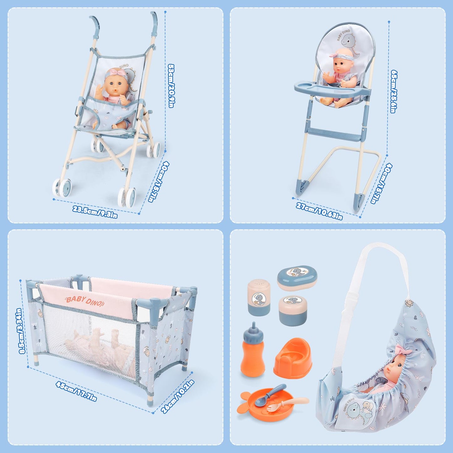 deAO Baby Doll Stroller Set 12" Baby Doll with Accessories Crib Bed High Chair, Nursery Role Play Set Toys Storage Bag,Foldable Storller, Pretend Play Birthday Gifts for Toddler Girls Boys