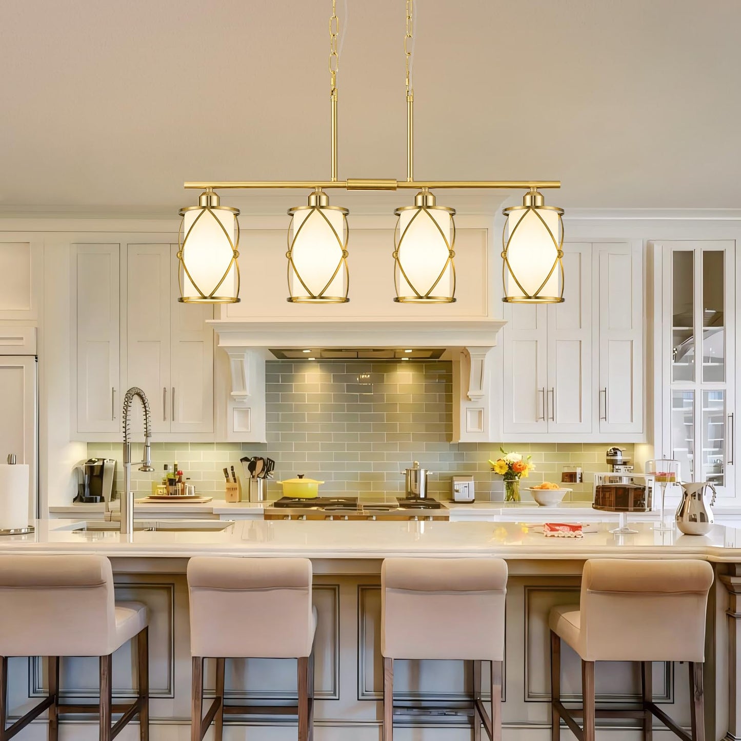 Osimir 4-Light Linear Kitchen Island Light Fixture, Brushed Gold with Milk Glass, Model CH9176BGW-4IS