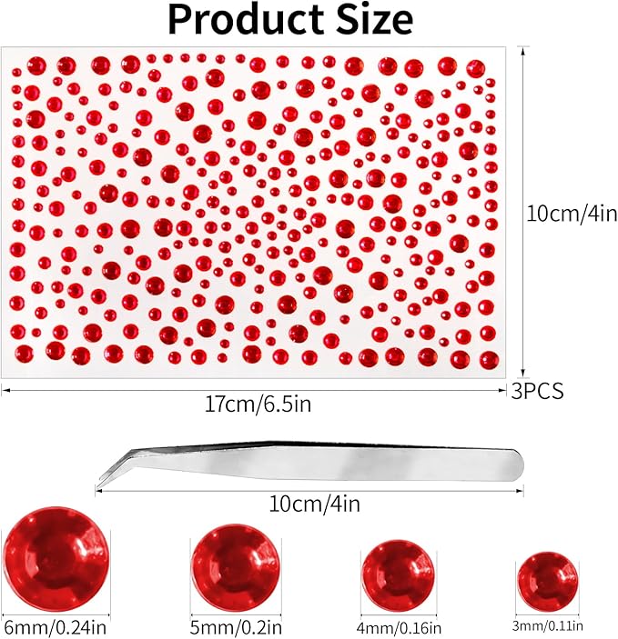 Rhinestone Stickers for Crafts Clear Crystal Tweezers Decals Face Gems Pearls for Makeup Stick on Body 3/4/5/6MM Red Hair Nails Craft DIY Gems for Nails Makeup Decor 975PCS