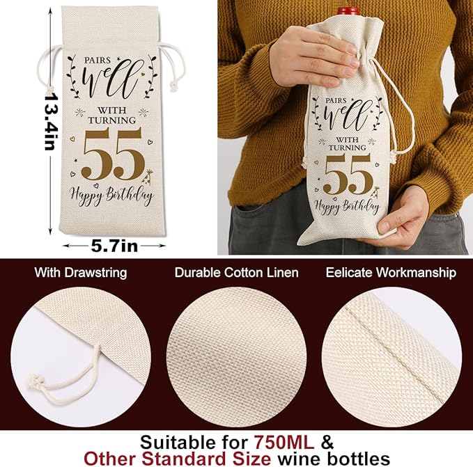 55th Birthday Gifts for Women Men Funny Wine Bag 55th Birthday Decorations Party Favors Anniversary Retirement 55 Year Old Gifts for Woman Her Him Grandma Wife Friends Mom Wine Gift Bag