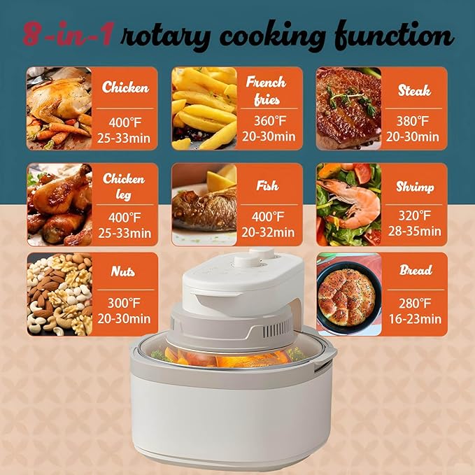 Rotatable 8-in-1 Air Fryer Toaster Oven Combo 7.5QT Large Glass Air Fryer, Rapid HotAir Tech, Family-Size Smart Cooker, Trending Modern Kitchen Essential for Healthy Meals (Off-white)