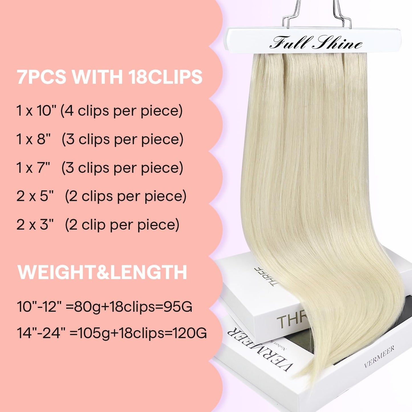 Ful Shine Platinum Blonde Hair Extensions, 22 Inch Clip in Hair Extensions Real Human Hair, Soft Silky Straight Long Hair for Wo