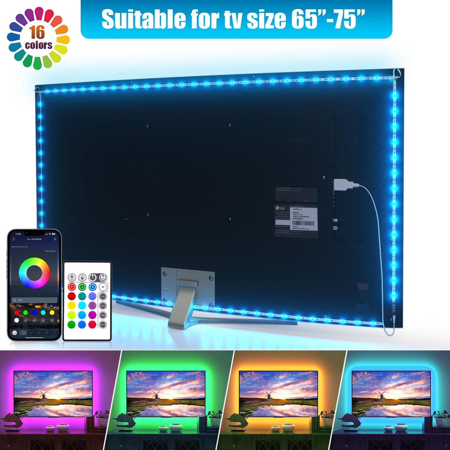 PANGTON VILLA LED Strip Lights - 14.3ft USB TV Backlight Kit, 16 Color RGB 5050 LEDs, Ideal for 65-75in HDTV