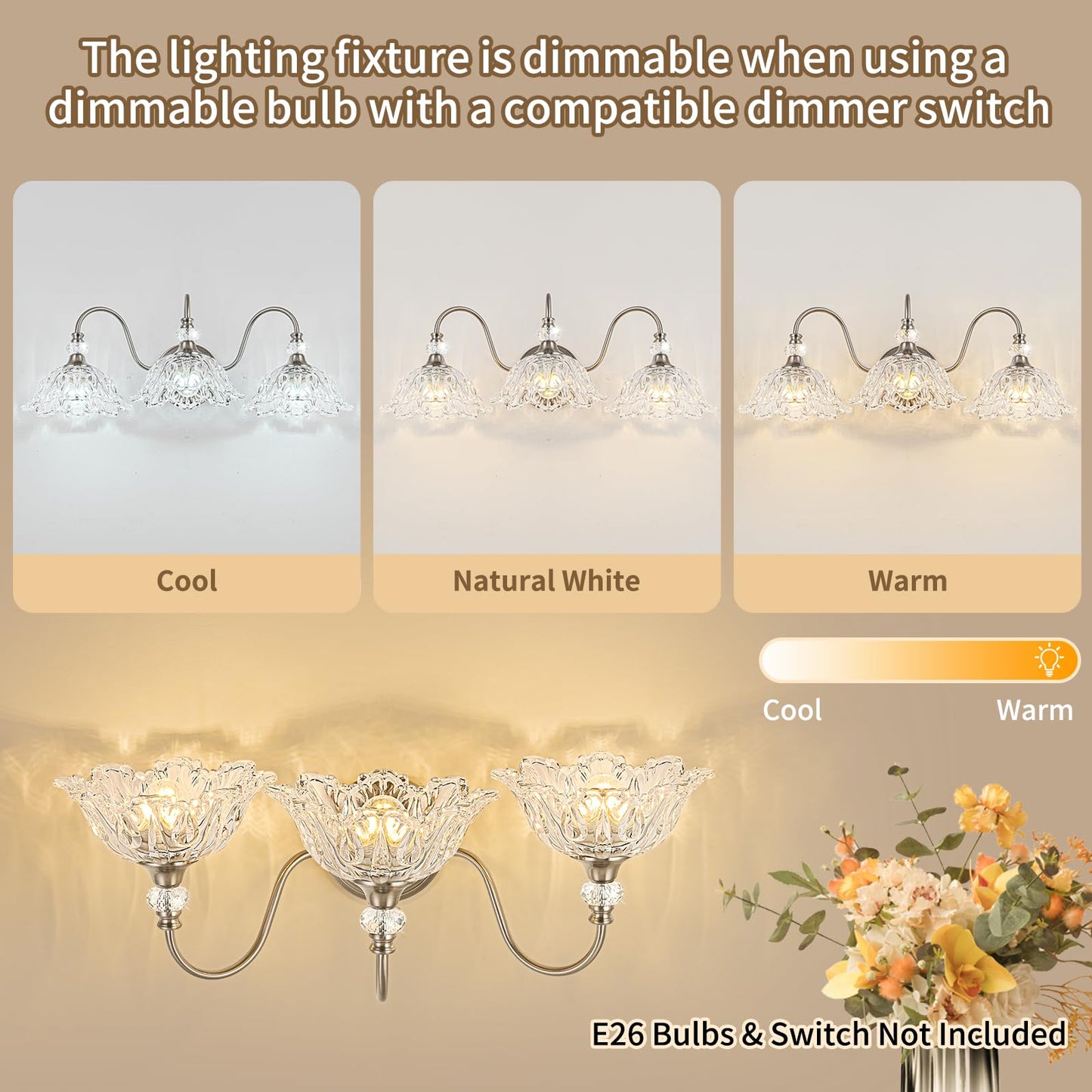 Brushed Nickel 3-Light Bathroom Vanity Light With Floral Clear Glass Shades  Brushed Nickel Wall Mount Lighting For Bathroom  Dressing Table