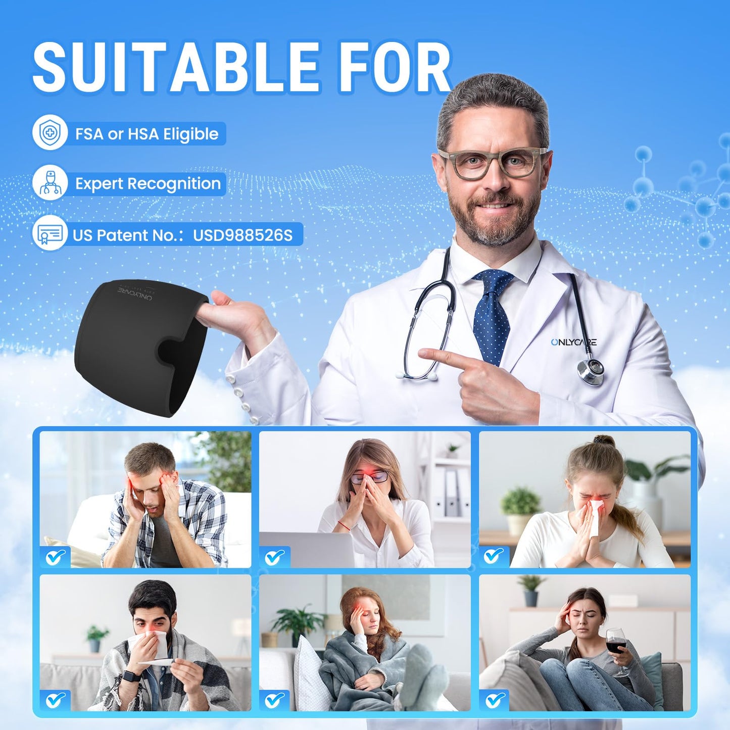 ONLYCARE Migraine Relief Cap, Soothing Migraine Mask, Upgraded Odorless Gel Ice Head Wrap, Hot and Cold Therapy, Headache Ice Pack for Tension, Stress, Hangover (Black)