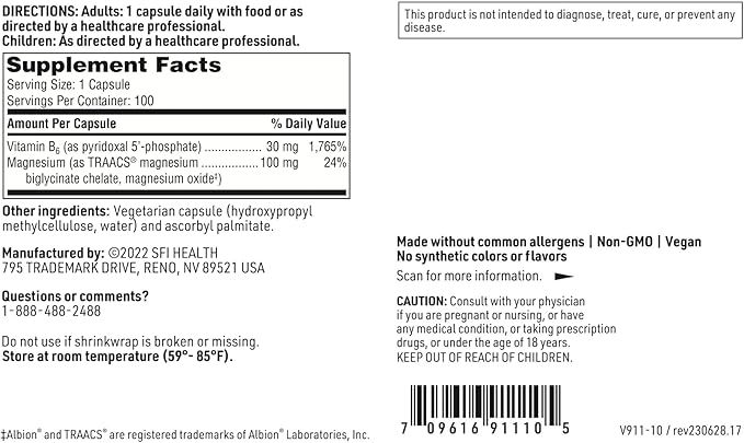 Klaire Labs P-5-P Plus Magnesium - 30 Milligrams of Bioactive Vitamin B6 Pyridoxal-5-Phosphate with TRAACS Magnesium, Hypoallergenic (100 Capsules)