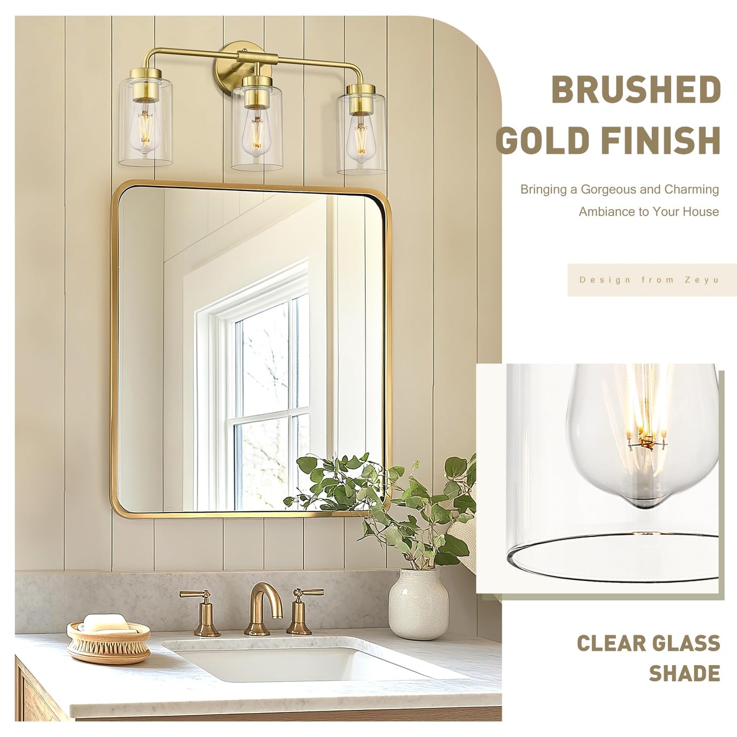 Zeyu 3-Light Vanity Lighting Fixtures  Modern Vanity Lighting Fixtures Over Mirror With Cylinder Clear Glass Shade  Brushed Gold Finish  Zs62B-3W Bg