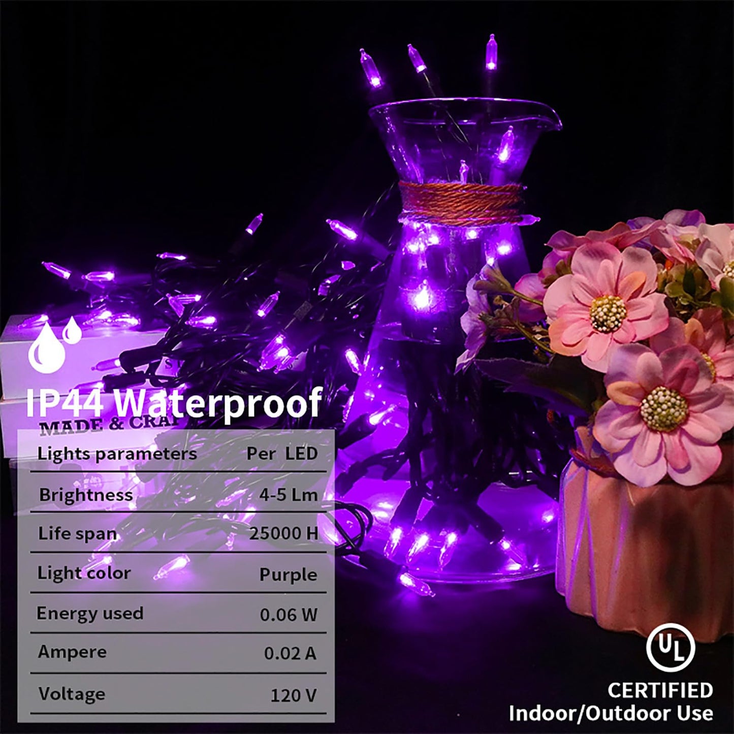 MULTI-SPARKING Purple LED String Lights - 100 Count, 33ft Black Wire, UL Certified, Connectable
