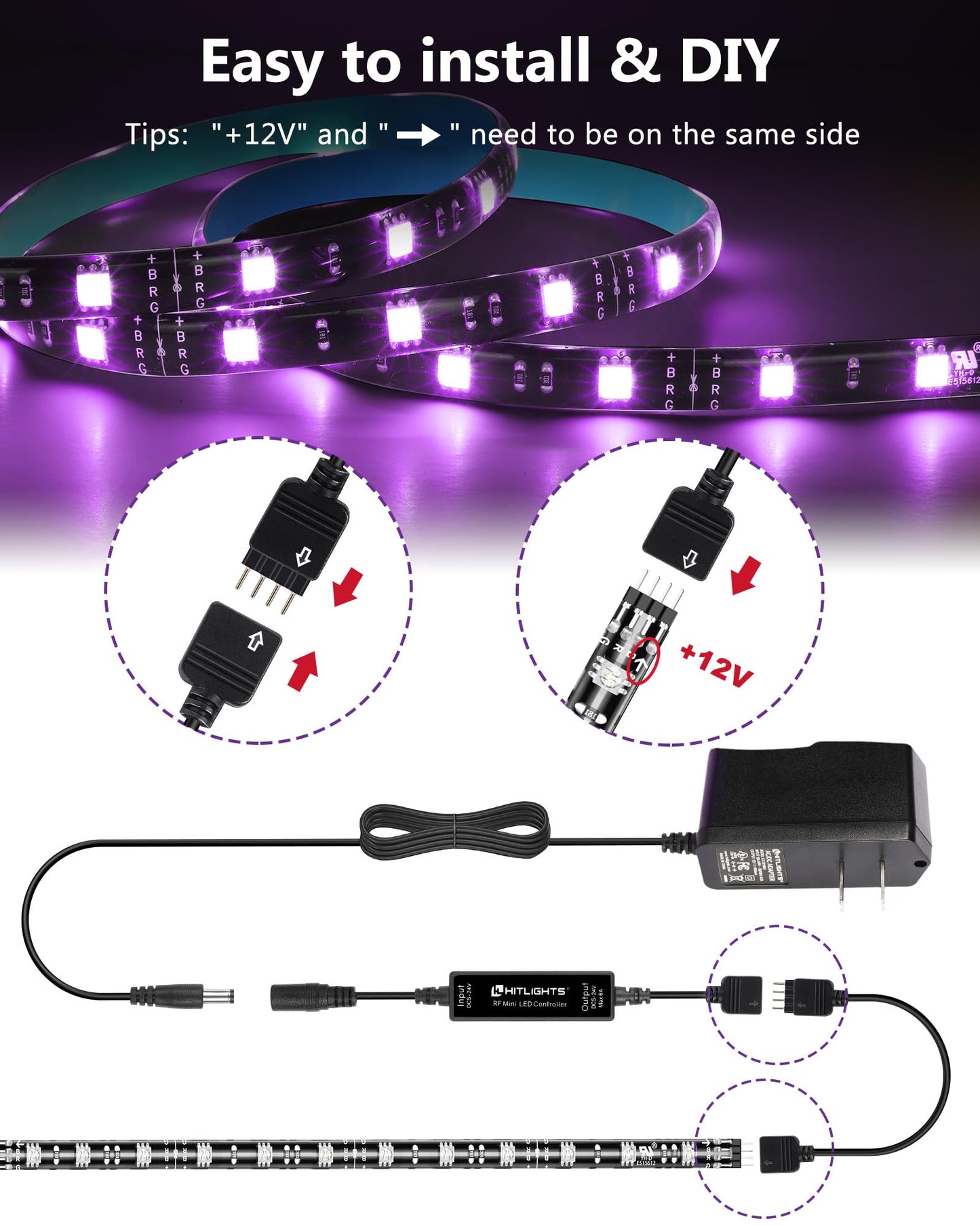 Hitlights Rgb Led Strip Lights Kit, 4X1Ft Waterproof Smd 5050, Dimmable, Rf Remote, Ul-Listed Power Supply, Model L1012V-Mc1