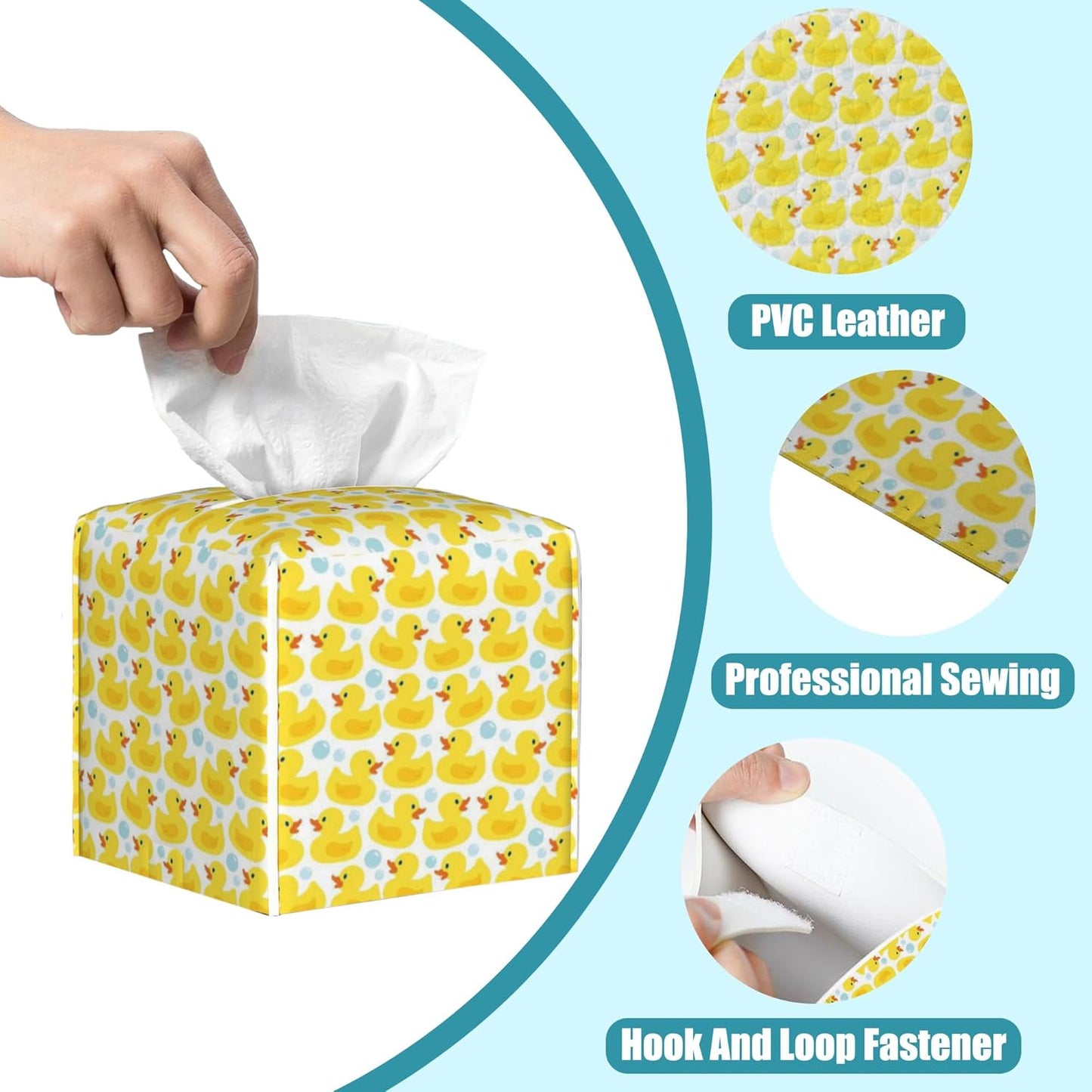 Cute Rubber Ducks Leather Tissue Holder,Soap Bubbles Square Tissue Box Cover with Bottom Belt,Modern Decorative Facial Tissue Paper Cover for Car Nightstand Vanity Desk Office,5.2" x 5.2" x 5.2"