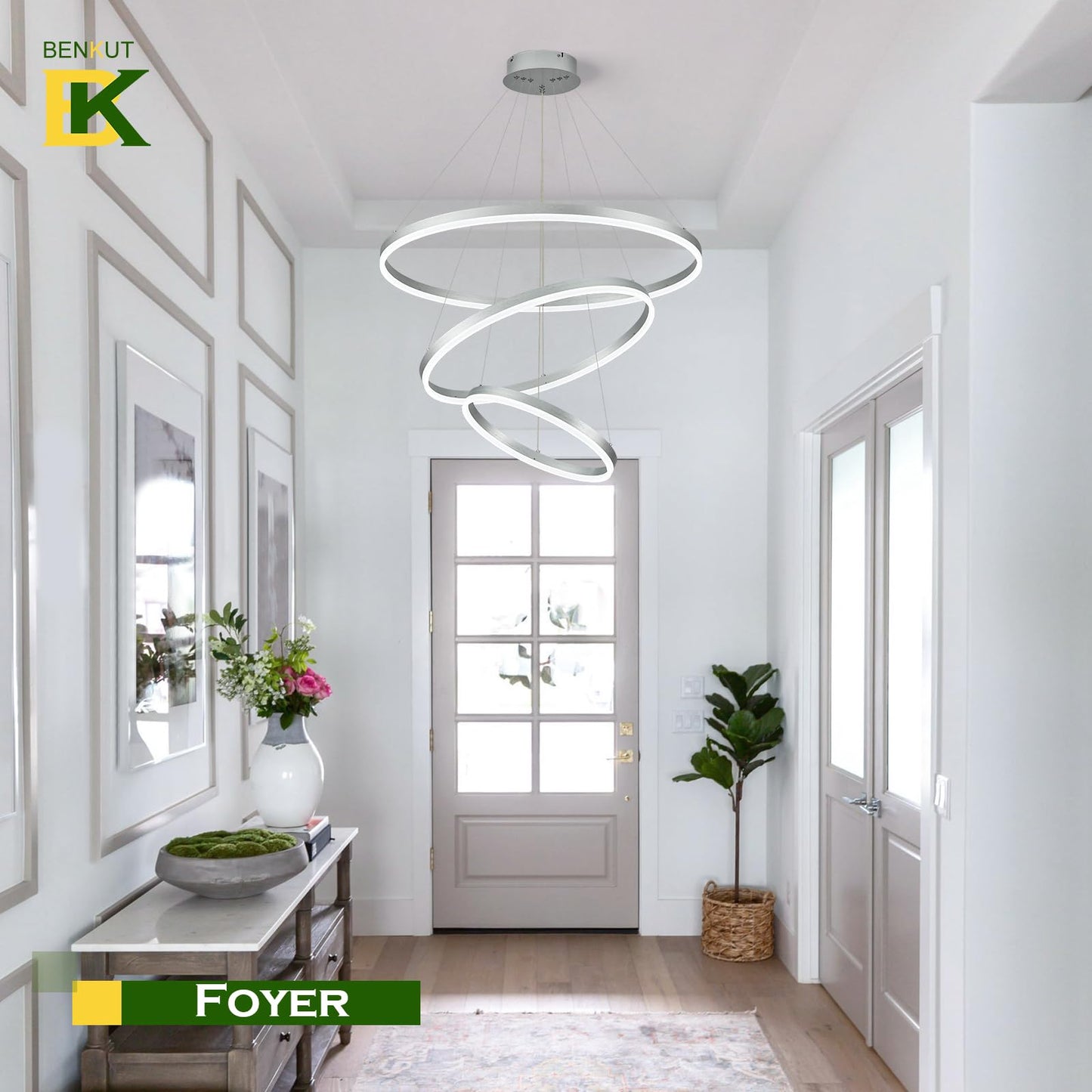 Benkut LED Chandelier Pendant Light, Dimmable, 3 Ring, Silver, Remote Control, High Ceiling, Model P60-3SDC1