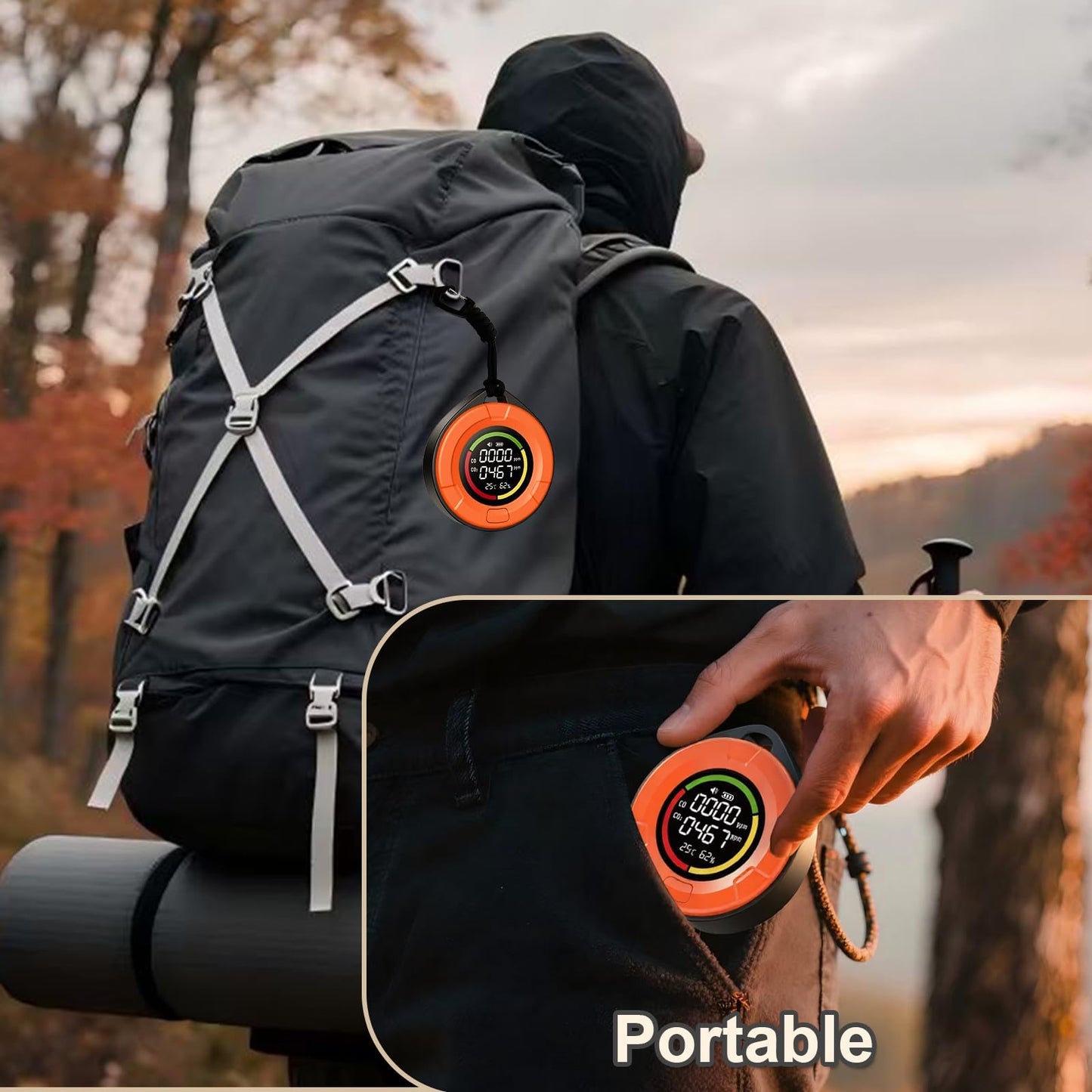Portable Carbon Monoxide Detector for Travel：4-in-1 CO2 Monitor for Home - 1000mAh Battery Mini CO Carbon Dioxide Alarm with Temperature(°F) & Humidity for RV Hotel Camping- Orange