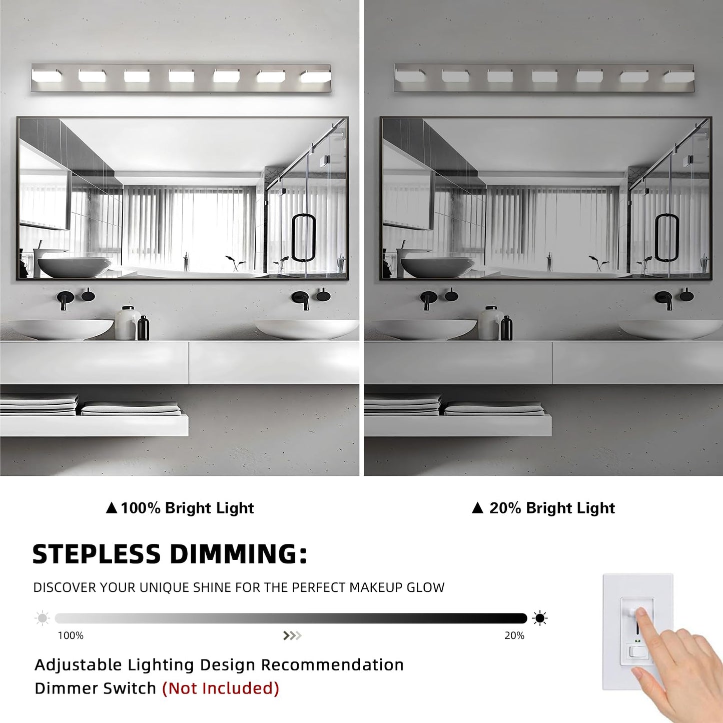 Bicrink 7-Light Bathroom Vanity Light Fixture Over Mirror  Nickel Led Vanity Lighting Fixtures  45.67 Inch Modern Bathroom Wall Light Fixtures With Rotating Lamp Head