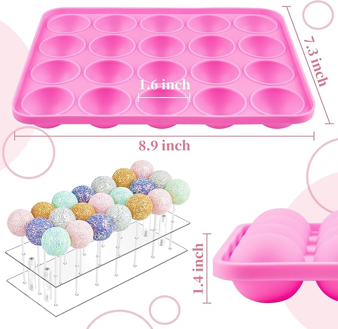 Kucoele Cake Pop Mold Set, Including 21 Hole Clear Acrylic Lollipop Display Stand Holder, 20 Cavity Pink Silicone Cake Pop Mold, Cake Pop Sticks Treats Bags and Twist Ties