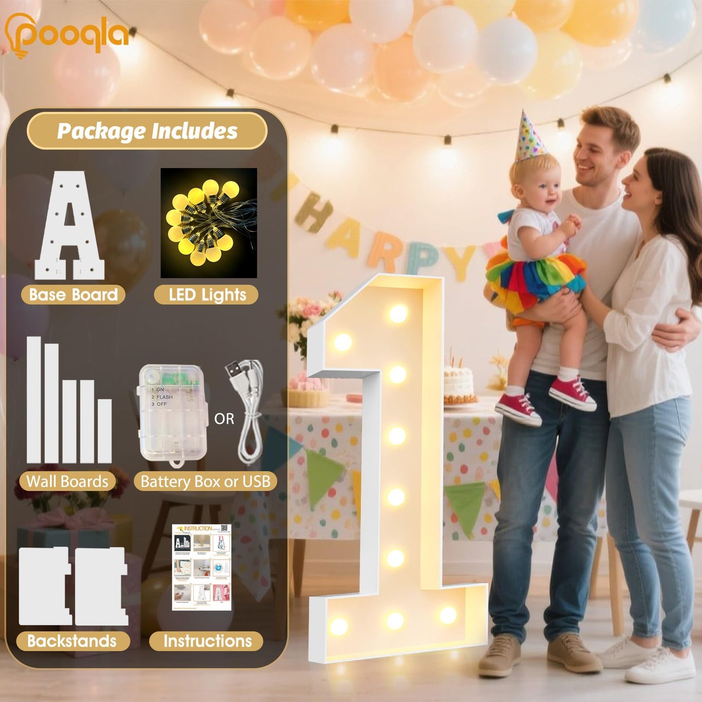 Pooqla 4 FT Light Up Marquee Numbers, Cool White and Warm White LED Large Lighted Marquee Numbers, Giant Mosaic Light Up Numbers for Balloons 9th 19th 90th Birthday Party Decoration, LED Number 9