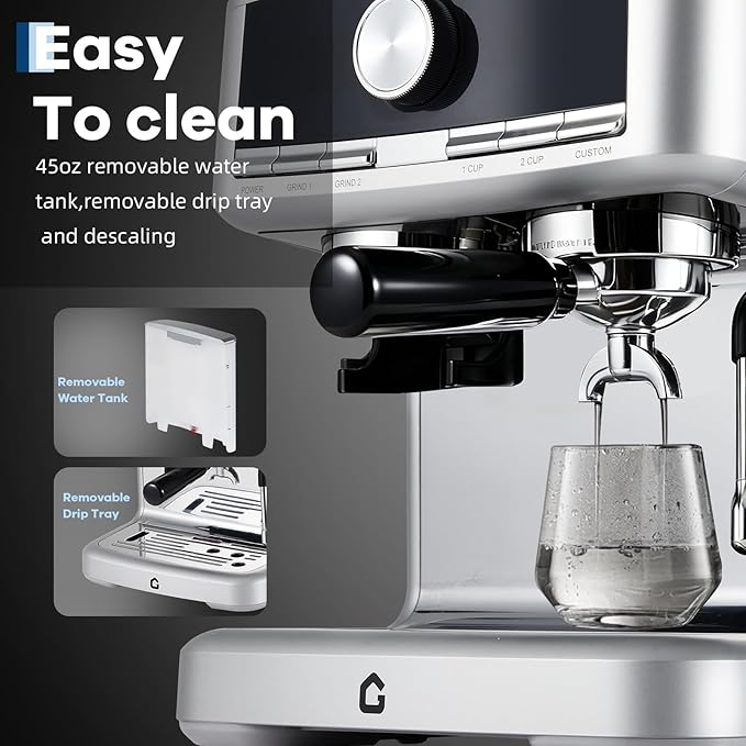 20 Bar Pressure Stainless Steel Espresso Machine with Grinder, 1.5l Removable Water Tank, Milk Frother Steam Wand for Latte and Cappuccino, Adjustable Shot Volume,Silver