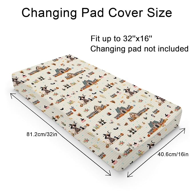 Fall Farm Witch Cats Baby Changing Pad Cover Halloween Farmhouse Pig Hen Bat Moon Pumpkins Floral Nursery Diaper Changing Table Sheets for Boy Girl Soft Stretch Changing Pad Table Mats 32''x16''