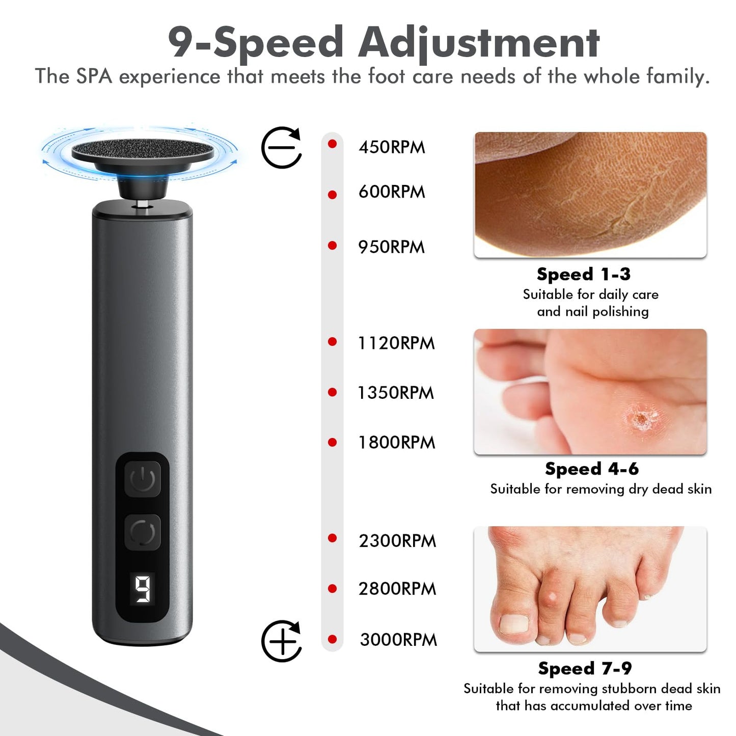 Waysse Electric Callus Remover for Feet,Professional Foot File Scraper with 9 Adjustable Speeds,Rechargeable Pedicure Tool with