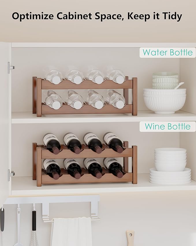 Countertop Wine Rack for Inside Cabinet, Solid Wood 2-Tier Wine Racks for 8 Bottles, Pinewood Liquor Storage Shelf, Wooden Water Bottle Organizer for Pantry, Kitchen, Bar, Dining Room (Walnut)