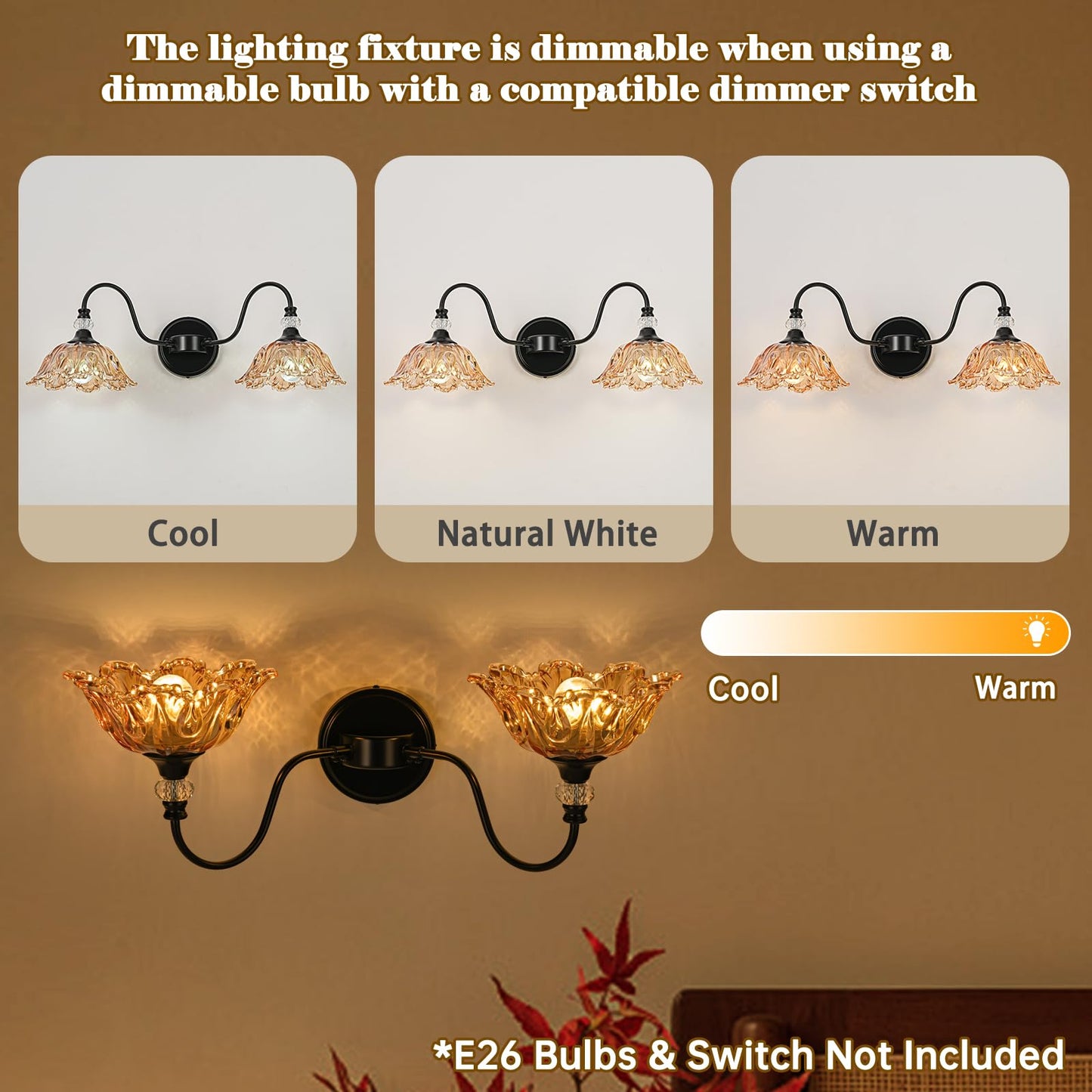 Sunkryster Black Bathroom Vanity Light  2-Light Vanity Light With Floral Amber Glass Shades Vintage Farmhouse Wall Mount Lighting For Bathroom  Dressing Table